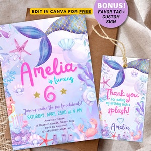 Editable Mermaid Birthday Invitation, Mermaid Invite, Under the Sea Birthday Party, Printable template Digital Instant Download