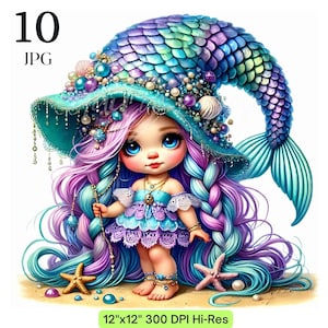 Quirky Mermaid Clipart Unique Whimsical Gnome Ephemera, Cute Mermaid Princess Watercolor Mermaid Birthday Nursery Party Fantasy Junk Journal