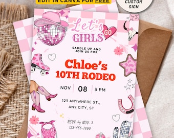Editable Rodeo Birthday Invitation, Cowgirl Birthday Invitation, Disco Cowgirl Party, Rodeo Western Invite, Printable Instant Download