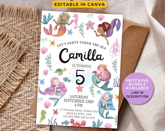 Editable Mermaid Birthday Invitation, Mermaid Invite, Under the Sea Birthday Party, Printable template Digital Instant Download