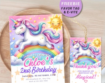 May include: A printable invitation and thank you tag featuring a unicorn with a rainbow, stars, and clouds. The invitation says "Join us to celebrate! Chloe's 2nd Birthday" and the thank you tag says "Thank you! For making my birthday so magical! Chloe".