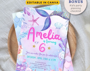 May include: A purple and blue mermaid-themed birthday invitation for a girl turning six. The invitation features a mermaid tail, seashells, and a starfish. The text on the invitation reads "Amelia is turning 6. Join us under the sea to celebrate! Saturday, April 23rd at 4 PM. Amelia's house, 11 Flotsam Street, Ocean City. RSVP by April 10th. 123-456-7890 call or text."