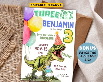 May include: A green dinosaur birthday invitation with a watercolor background. The invitation says "Three Rex Benjamin is turning 3" and includes a date, time, and location. The invitation also includes a bonus favor tag and custom sign.