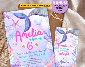 Editable Mermaid Birthday Invitation, Mermaid Invite, Under the Sea Birthday Party, Printable template Digital Instant Download