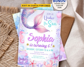 Editable Mermaid Birthday Invitation, Mermaid Invite, Under the Sea Birthday Party, Printable template Digital Instant Download