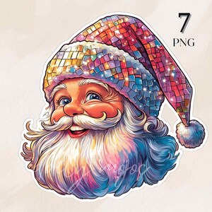 Op de afbeelding: Een kleurrijke illustratie van de kerstman, met een mozaïek-stijl hoed in rood, blauw en geel. Zijn roze wangen, witte baard en snor zijn gedetailleerd met een regenboog aan kleuren. De afbeelding is gelabeld met het nummer 7 en de letters PNG.