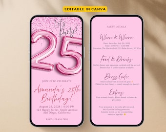 25th Birthday Invite, Birthday Dinner Invite, Birthday Invitation for women, Birthday Party Invite, Minimalist Digital Invite Modern Elegant