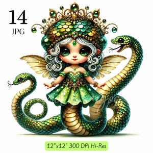 Clipart de la reina serpiente encantada de la suerte, serpiente mística, año de la serpiente, acuarela, diario basura, manualidades de papel, álbumes de recortes, arte de pared, alta resolución