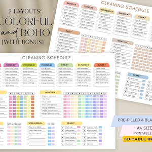 Planejador de limpeza EDITÁVEL, lista de verificação de limpeza, cronograma, planejador de limpeza para TDAH, gráfico de tarefas domésticas, download digital PDF, Boho, colorido