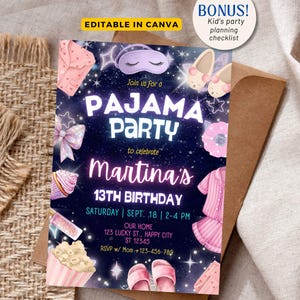 Pajama Party Birthday Invitation Sleepover Slumber Birthday Party Invite Spa Day, Glam Party Birthday Editable Template Instant download