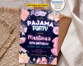 Invitación para fiesta de pijamas de cumpleaños, fiesta de pijamas con temática de spa, día de spa, fiesta glamurosa. Plantilla editable. Descarga instantánea.