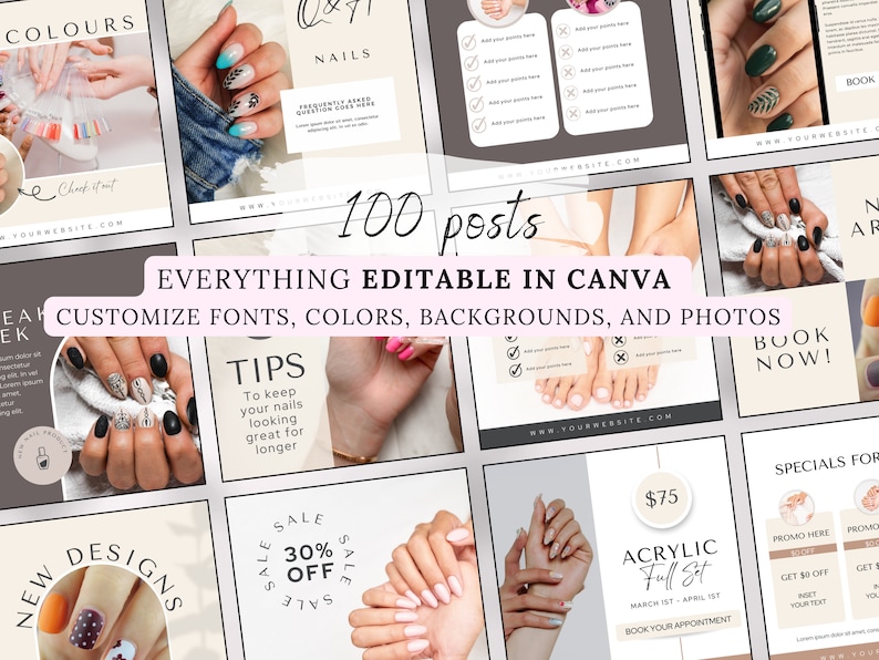 Nail Salon Posts, Social Media Posts, Instagram Posts for Nail Technicians, Nail Salon Templates, Canva Templates, Editable, Social Media Branding for Nail Technicians, Canva Templates, Beauty Business Instagram, Design Quotes Artist Promotion Kit