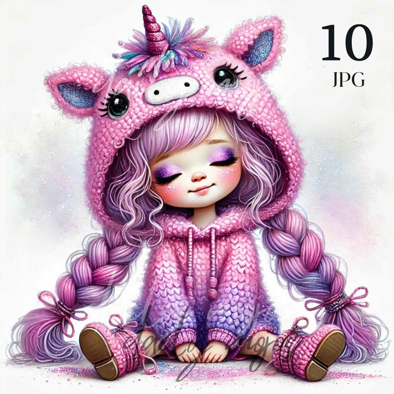Quirky Girl Unicorn Watercolor Clipart, Rainbow Baby Unicorn, Whimsical