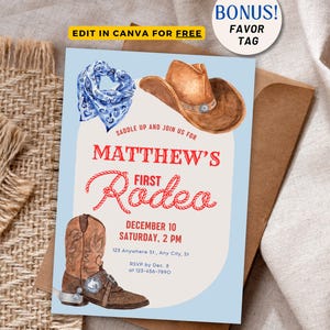 First Rodeo Birthday Invitation, Rodeo 1st Birthday Invite, Cowboy Wild West Invitation, Cowboy Invite Editable Template Party Favors