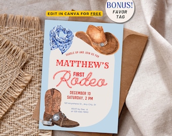First Rodeo Birthday Invitation, Rodeo 1st Birthday Invite, Cowboy Wild West Invitation, Cowboy Invite Editable Template Party Favors