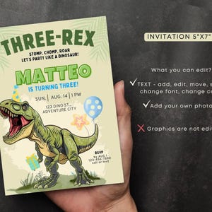 Invitación editable de los tres rex para niño, invitación de cumpleaños de dinosaurio, cumpleaños de los tres rex, invitación de los tres rex, plantilla imprimible, descarga instantánea imagen 6