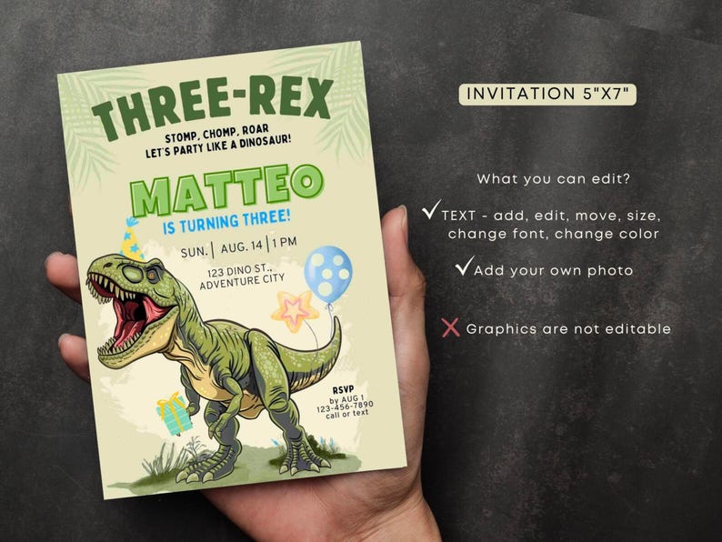 Invitación editable de los tres rex para niño, invitación de cumpleaños de dinosaurio, cumpleaños de los tres rex, invitación de los tres rex, plantilla imprimible, descarga instantánea imagen 6