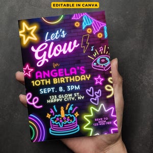 10th Birthday Invitation Girl Editable, Neon Glow Birthday Invitation, 13th Birthday Party, Glow Party Invite, Template Digital Download