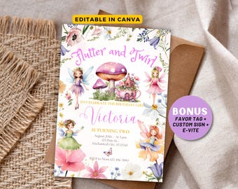 Bearbeitbare Fee-Geburtstags-Einladungsvorlage Verzauberte, wunderliche Garten-Waldmädchen-laden Blumen-magische Prinzessin-Party ein, Bundle-Vorlage