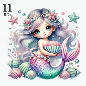 Ensemble de cliparts sirène lunatique JPG, aquarelle de princesse sirène mignonne, décorations de gâteau sous la mer, impressions d'art mural, cadeaux d'anniversaire