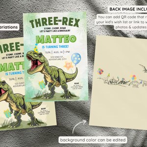 Puede incluir: Dos variaciones de una invitaci&oacute;n de cumplea&ntilde;os de dinosaurio con un dinosaurio verde sobre un fondo verde y azul. El texto dice "Three-Rex Stomp, Chomp, Roar Let's Party Like a Dinosaur! Matteo is Turning Three! Sun. Aug. 14 | 1 PM 123 Dino St. Adventure City".