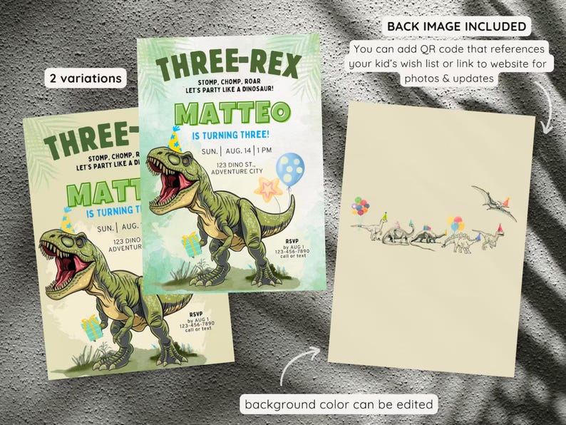 Puede incluir: Dos variaciones de una invitaci&oacute;n de cumplea&ntilde;os de dinosaurio con un dinosaurio verde sobre un fondo verde y azul. El texto dice "Three-Rex Stomp, Chomp, Roar Let's Party Like a Dinosaur! Matteo is Turning Three! Sun. Aug. 14 | 1 PM 123 Dino St. Adventure City".