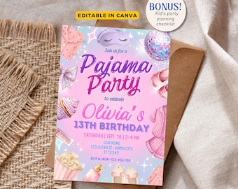 Pajama Party Birthday Invitation Sleepover Slumber Birthday Party Invite Spa Day, Glam Party Birthday Editable Template Instant download