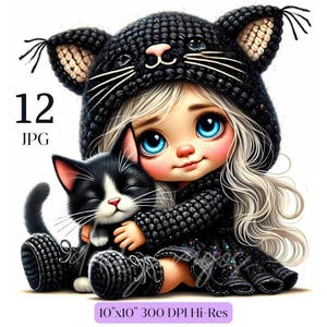 Quirky Girl Clipart, Girl with Cat Puppy, Whimsical Girl Cat Lover, Watercolor Junk Journal Paper Craft Scrap Booking Wall Art HI Res, Set 1