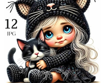Quirky Girl Clipart, Girl with Cat Puppy, Whimsical Girl Cat Lover, Watercolor Junk Journal Paper Craft Scrap Booking Wall Art HI Res, Set 1