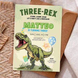 Invitación editable de los tres rex para niño, invitación de cumpleaños de dinosaurio, cumpleaños de los tres rex, invitación de los tres rex, plantilla imprimible, descarga instantánea imagen 2