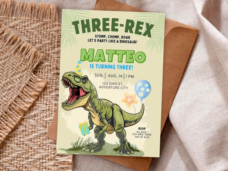 Invitación editable de los tres rex para niño, invitación de cumpleaños de dinosaurio, cumpleaños de los tres rex, invitación de los tres rex, plantilla imprimible, descarga instantánea imagen 2