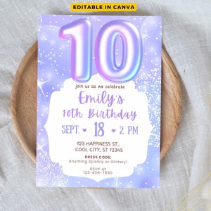 10th Birthday Invitation Girl, Purple Glitter 10th Birthday Party, Neon Glow invitation Template Digital download Editable Party Invite