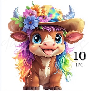 Clipart fofo de berçário de vaca das terras altas em aquarela, vacas das terras altas multicoloridas, decoração de animais de fazenda em arco-íris, vaca peculiar, impressão digital de alta resolução