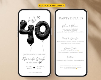 40th Birthday Invite, 40th Birthday Invitation for women and men, 40th Birthday Party Invite, Hello Forty Minimalist Digital Invite Modern