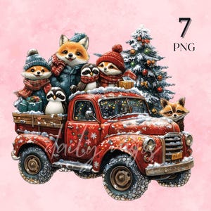 Puede incluir: Ilustración en acuarela de un camión rojo vintage que transporta criaturas del bosque y un árbol de Navidad. La plataforma del camión está llena de regalos y nieve. El camión está decorado con copos de nieve y luces. La imagen tiene un fondo rosa.