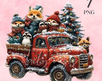Winter Christmas Animals Truck Clipart, Woodland Watercolor Forest Family, Digital Download Transparent Background Junk Journal Sublimation