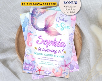Editable Mermaid Birthday Invitation, Mermaid Invite, Under the Sea Birthday Party, Printable template Digital Instant Download