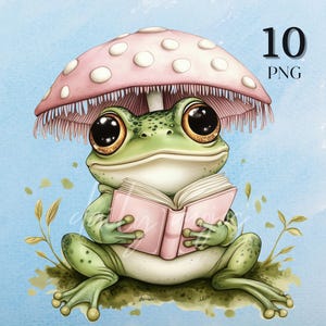 May include: A green frog wearing a pink mushroom hat sits with a pink book in its hands. The frog has large brown eyes and a wide smile. The background is a light blue watercolour wash.