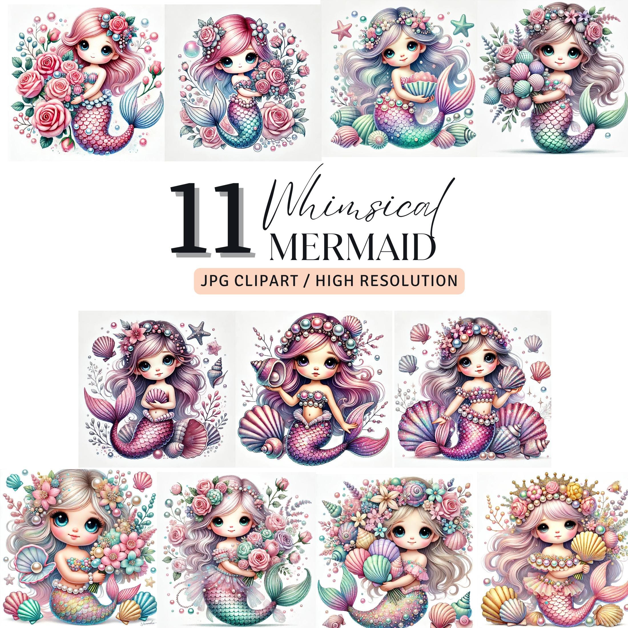 Whimsical Mermaid Clipart Bundle JPG, Cute Mermaid Princess Watercolor ...