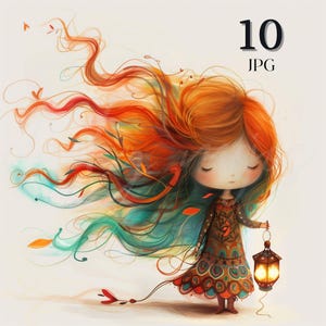 Cute Watercolor Autumn Girl Clipart Bundle, Cute Whimsical Digital Art Print for Fantasy Junk Journal Scrapbook Paper Crafts Bookmark 300dpi