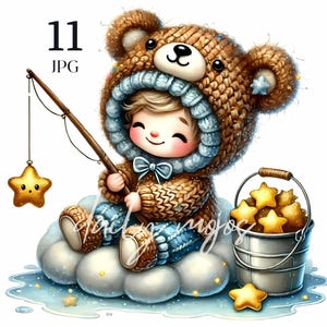 Wunderlich Teddy Bär Gnome Clipart, niedlichen gemütlichen Mond Junge Kinderzimmer Wand Kunst Druck, Bär Kinderzimmer Dekor, Kinder Dekor, Scrapbooking Junk Journal JPG