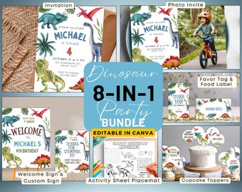 Puede incluir: Paquete de imprimibles para fiesta de dinosaurios con 8 diseños diferentes, que incluyen una invitación, una invitación con foto, un letrero de bienvenida, una etiqueta de favor, una etiqueta de comida, una hoja de actividades, un mantel individual y adornos para cupcakes. Los diseños presentan un tema de dinosaurio verde, azul y marrón con el texto "Stomp on Over Michael is Turning 4".