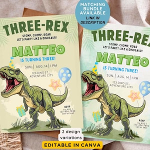 Puede incluir: Dos invitaciones de fiesta de cumplea&ntilde;os con tem&aacute;tica de dinosaurios para un ni&ntilde;o llamado Matteo que cumple tres a&ntilde;os. Las invitaciones presentan un dinosaurio verde con un globo azul y una estrella amarilla. El texto en las invitaciones dice: "Three-Rex Stomp, Chomp, Roar Let's Party Like a Dinosaur! Matteo is Turning Three! Sun. Aug. 14 | 1 PM 123 Dino St. Adventure City RSVP by Aug 1 123-456-7890 call or text".