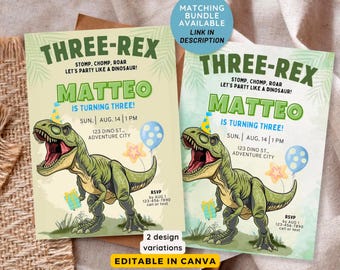 Puede incluir: Dos invitaciones de fiesta de cumpleaños con temática de dinosaurios para un niño llamado Matteo que cumple tres años. Las invitaciones presentan un dinosaurio verde con un globo azul y una estrella amarilla. El texto en las invitaciones dice: "Three-Rex Stomp, Chomp, Roar Let's Party Like a Dinosaur! Matteo is Turning Three! Sun. Aug. 14 | 1 PM 123 Dino St. Adventure City RSVP by Aug 1 123-456-7890 call or text".
