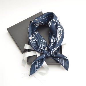 Silky Neck Scarf Navy Paisley Bandana Satin Scarf Hair Headband Square Scarf Soft Touch Elegant Gift For Her Bag Scarf Hair Accessories