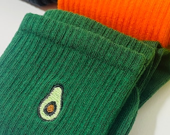 Avocado Embroidered Socks Set of 2 Green Unisex Cotton Crew Socks Stylish Avocado Design Embroidery Sock Gift For Her Womens Sport Socks