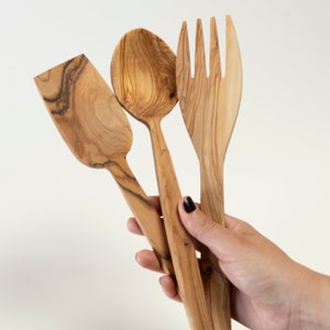 Olive Wood Cooking  Rustic Set Kitchen Accessories Serving Olive Spoon Fork Spatula Wood Organic Gift Kitchen Decor High Quality Wooden Set