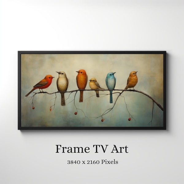 Samsung Frame TV Art - Vintage Birds Frame TV Art - Rustic Birds on a Tree Branch Painting TV Art -Art Frame Tv - Birds Gathering Painting