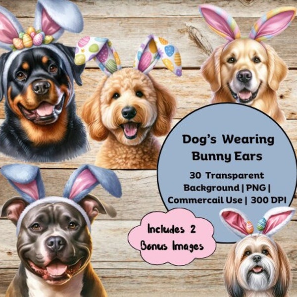 Festive Easter Dog with Bunny Ears Clipart Bundle - Watercolor Art, Easter Clipart, Dogs Portrait, Digital PNG Art, PNG for Commercial Us