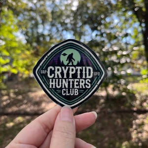 Cryptid Hunters Club Badge Sticker, Glow-in-the-Dark or Glossy Vinyl Waterproof Sticker, Cryptid Sticker